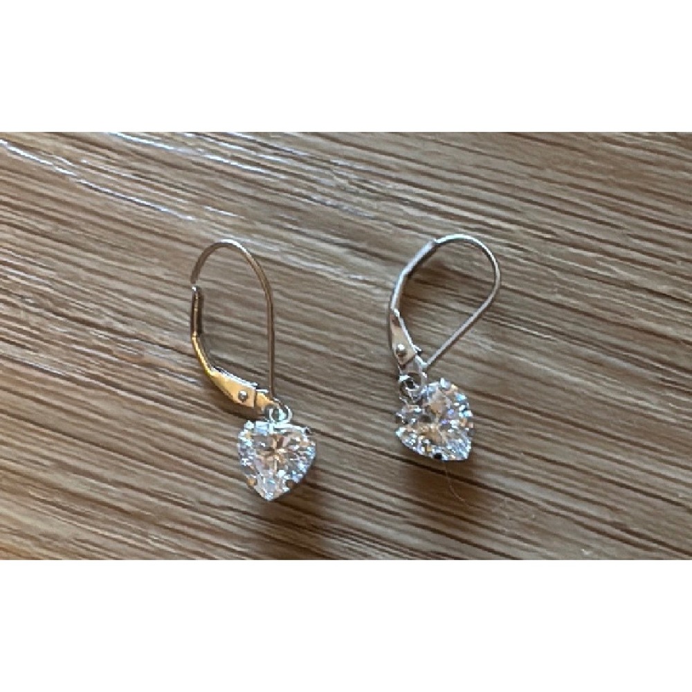 Sterling Silver Heart Cut Cubic Zirconia Leverback Drop Earrings Clear Sparkle